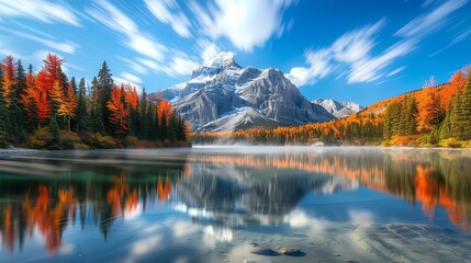 Obraz premium Stunning landscape of a lake with autumn trees reflecting mountains and sky, showcasing vibrant fall colors and a tranquil scene.