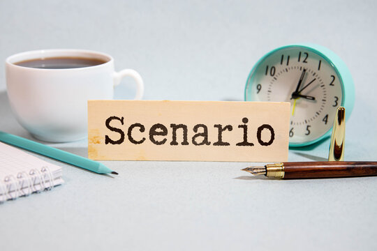 SCENARIO; Wooden stamps with "SCENARIO" text of concept and a book