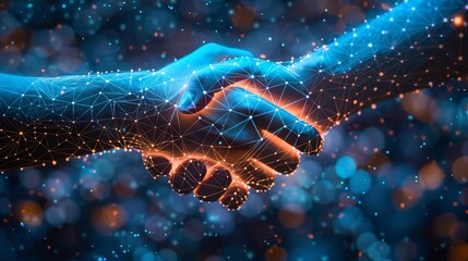 A digital handshake symbolizing the agreement of a smart contract on a blockchain,
