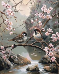 Two sparrows perched on blooming cherry blossom tree branches over a serene stream in a tranquil and picturesque setting.