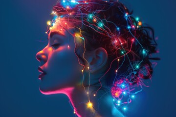 Obraz premium Beautiful woman with colorful glowing neural network in her head.
