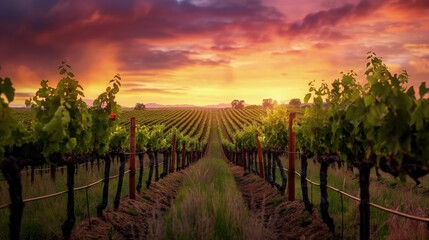 Fototapeta premium A lush vineyard at sunset, with rows of grapevines stretching into the distance under a colorful sky. 