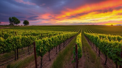 Naklejka premium A lush vineyard at sunset, with rows of grapevines stretching into the distance under a colorful sky. 