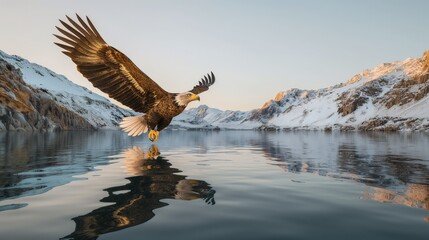 A majestic eagle floaty soaring on the surface of a rugged mountain lake, its wings spread wide, reflecting in the watera??s surface under a clear sky.  - Powered by Adobe