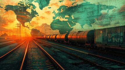 A train of long carriages passes on the tracks, delivering goods, with a double exposure of the world map in the background, symbolizing the import-export business.