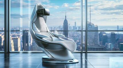 A modern VIP business cabin chair with built-in virtual reality interfaces, clothed in sleek silver fabric, and positioned in a high-tech office overlooking a futuristic cityscape. 