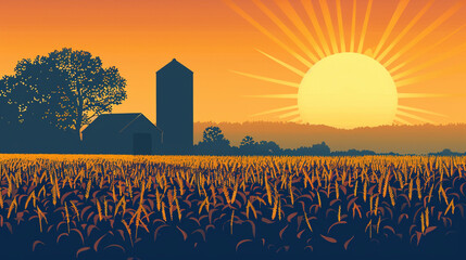 corn field golden hour with silo in background simple illustrative style --ar 16:9 --style raw --stylize 200 Job ID: e6be4889-d100-40d2-8d3d-7145a0f23e43