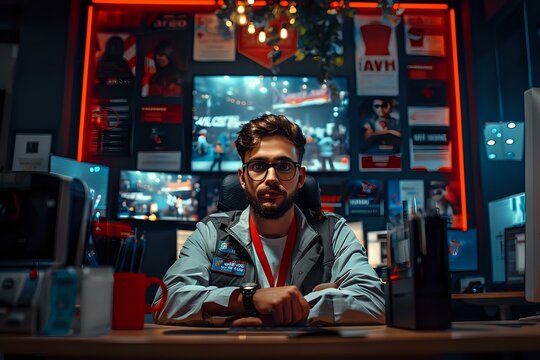 Dynamic Ticketing Agent's Illustration with Essential Tools and Vibrant Posters