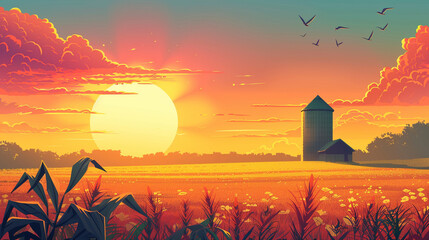 corn field golden hour with silo in background simple illustrative style --ar 16:9 --style raw --stylize 200 Job ID: 1ea236f1-fbc7-46c2-8da2-764f7c0bbf47