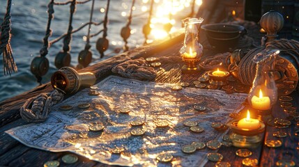 D Rendering of a Treasure Meal A Wealthy Spread of GoldCoated Bolts and CoinShaped Nuts Under Caribbean Sunset Lighting with Ample Treasure Map Space