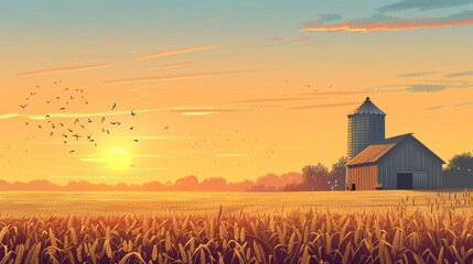 corn field golden hour with silo in background simple illustrative style --ar 16:9 --style raw --stylize 200 Job ID: 1ea236f1-fbc7-46c2-8da2-764f7c0bbf47