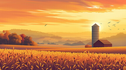 corn field golden hour with silo in background simple illustrative style --ar 16:9 --style raw --stylize 200 Job ID: 9c9c2ea4-059f-4a72-96f4-3104c0580a06