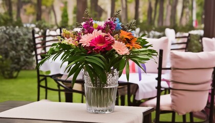 A vase filled with a colorful bouquet of flowers sits on a table