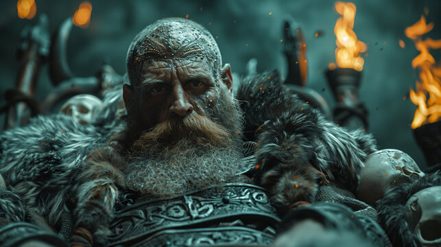 intense closeup of a medieval warlord on a throne of torches and skulls, exuding power and authority wearing a leather armor with a fur collar