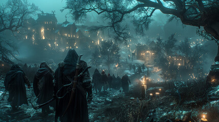 fantasy troop arriving at a village at night, glowing lights, eerie atmosphere