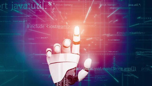 MLP Futuristic robot artificial intelligence revolutionary AI technology development and machine learning concept. Global robotic bionic science research for future of human life. 3D rendering graphic