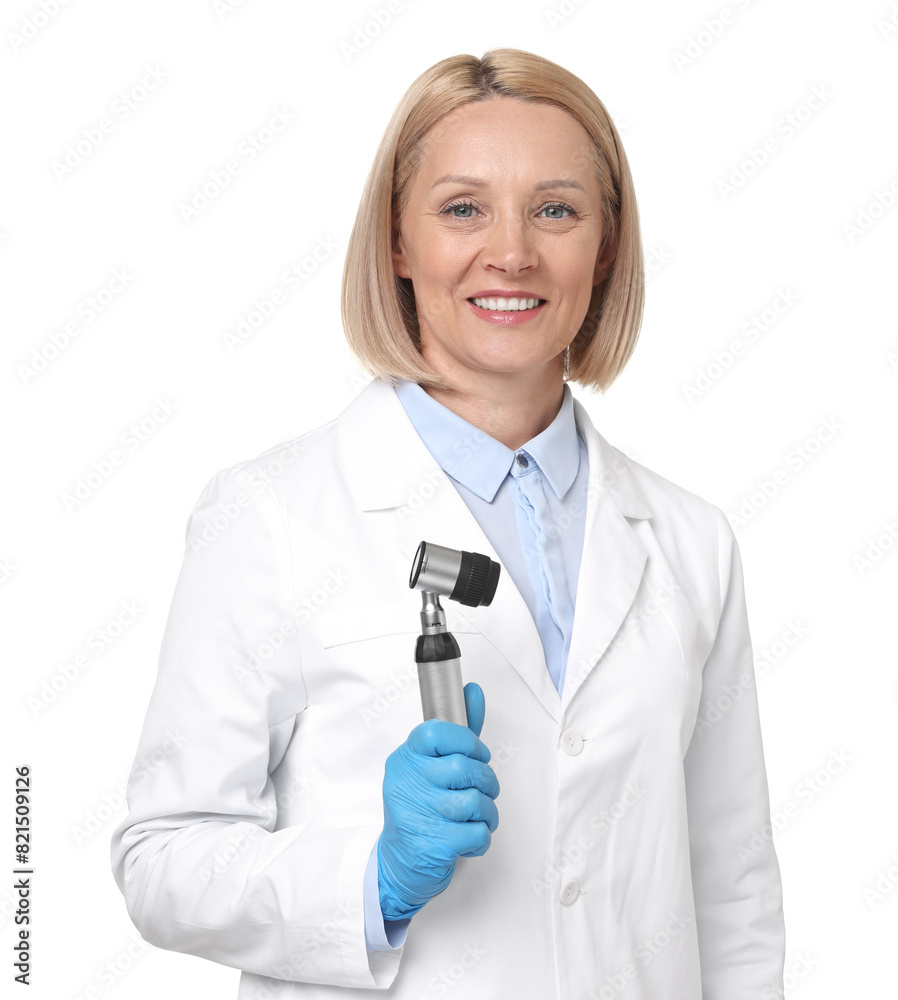 Sticker Happy dermatologist with dermatoscope isolated on white