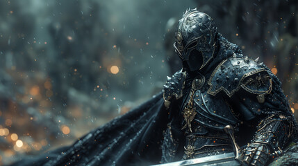 Fototapeta premium medieval warrior in dark armor, faceless helmet, wielding sword, snowy scene