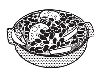 Black and white feijoada in the stone pan. bean stew with pepperoni sausage. Vector illustration isolated on white background.