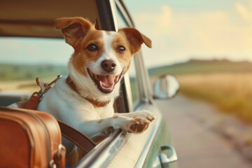 Dog in car with suitcase