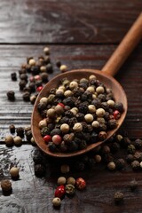 Aromatic spice. Different peppers in spoon on black table, closeup