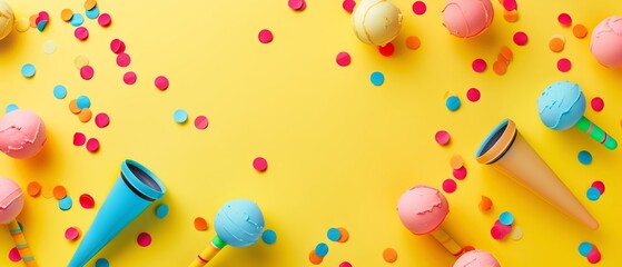 Colorful ice cream cones and sprinkles on a bright yellow background, creating a fun and cheerful summer dessert scene.
