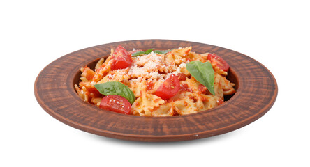 Tasty pasta with tomato, cheese and basil isolated on white