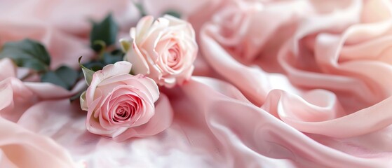 Elegant pink roses on smooth silk fabric, perfect for romantic and delicate themes. Capturing the essence of femininity and softness.