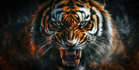 portrait of an angry and ready to attack tiger with its mouth open and teeth bared staring at the camera on black background.