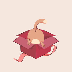 Rudy kot bawiący się w kartonowym pudełku. Koci zadek wystający z kartonu. Ilustracja wektorowa.