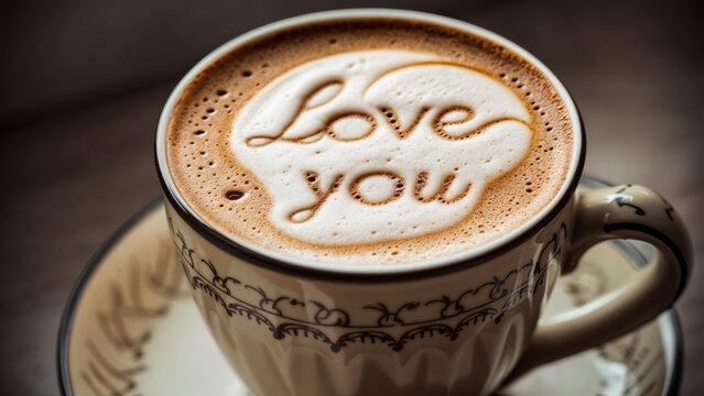Handcrafted ceramic mug of coffee latte with the words 'love you' in the milk froth - start the morning knowing you are loved.