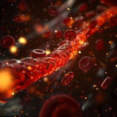Close-up of red blood cells flowing through a vein, captured with high detail and vibrant lighting for medical and scientific use.
