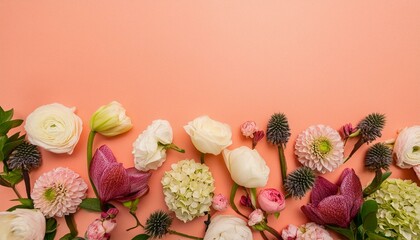 Aerial perspective of assorted blooms on salmon backdrop featuring text insertion site