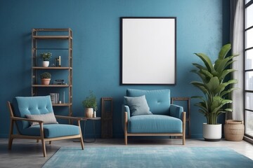 industrial cozy living room interior with blank poster frame on the wall, Cerulean Blue armchair