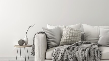 White sofa , pillows , vase with twig on round table 