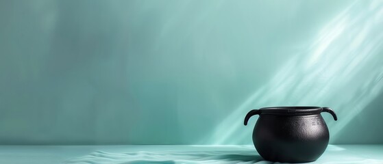 A black cauldron resting on a teal surface with rays of light illuminating the scene. Minimalist composition with serene background.