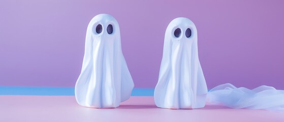 Two cute ghost figurines on a colorful background, ideal for Halloween decorations and festive themes.