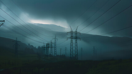A power line tower is surrounded by trees and a foggy sky
