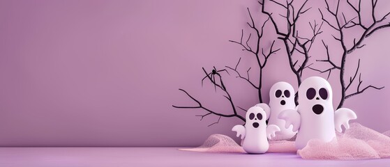 Three cute cartoon ghosts with trees on a minimal pink background. Perfect for Halloween or autumn-themed designs.