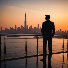 Fototapeta premium sunset view of a silhouette of a man on the deck of an opulent yacht gazing at the gleaming city sky