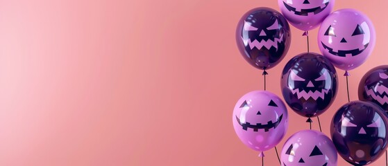 Festive Halloween balloons with jack-o'-lantern faces against a peach background, perfect for seasonal decorations and celebrations.