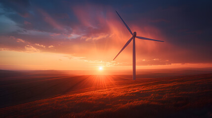 A wind turbine is silhouetted against a beautiful sunset