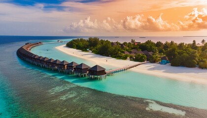 Fototapeta premium Amazing drone view of the beach and water with beautiful colors. luxury tropical resort or hotel with water villas and beautiful beach scenery. maldives, summer vacation, resort maldivian houses.