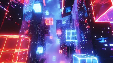 A futuristic cityscape with glowing neon cubes in vibrant colors, set against a night sky. Perfect for technology and cyberpunk themes.