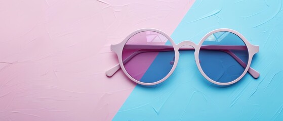 Stylish round sunglasses with pink lenses on a pastel pink and blue background. Perfect for adding a pop of color to any look.