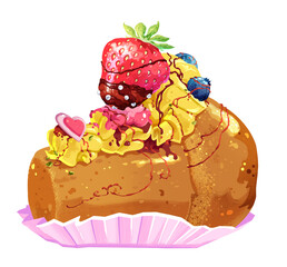 Babà al rum con fragola, cioccolato e perle. Crema pasticcera e mirtilli. San Valentino. 
Immagine. Disegno. Pasticceria napoletana. 
Dessert. Gioiello goloso. Clip art. Icona. Frutta. 
