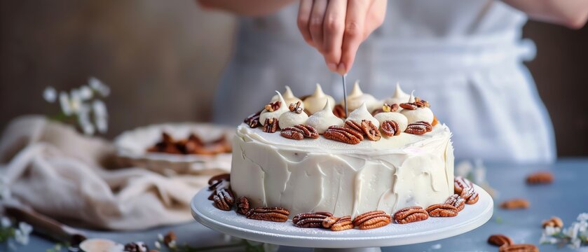 A baker decorates a delicious pecan-topped cake with frosting in a rustic kitchen setting, showcasing culinary artistry.