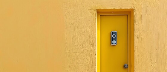 Minimalist yellow wall and door with a smart video doorbell. Vibrant and modern architecture and home security concept.