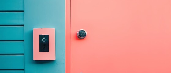 Modern smart doorbell and security camera on vibrant teal and coral wall, showcasing home security technology.