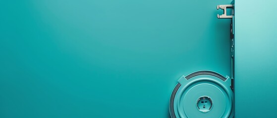 Minimalistic close-up of teal round object and metallic component against teal background. Modern design and industrial elements.